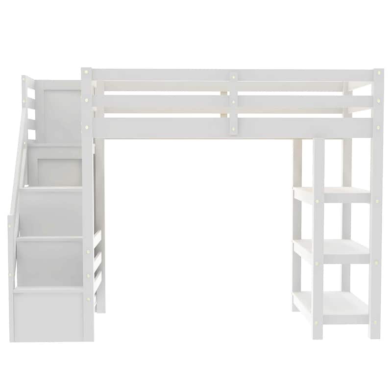 3-Tier Shelves Loft Bed White Wood Bed Frame with Storage Staircase and Safety Guardrail, Bright LED Lights Underneath