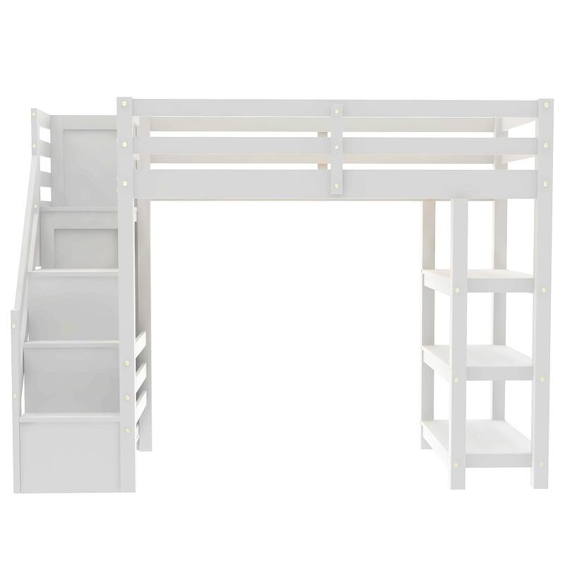 Twin/Full Size LED Loft Bed with Storage Staircase and Wardrobe, Solid Pine Wood High Loftbed Frame with 4 Layer Storage Shelves
