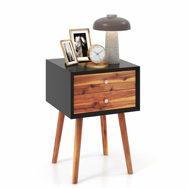 slide 2 of 12, Costway End Table W/Drawers and Storage Wooden Mid-Century Accent Side Black+Brown