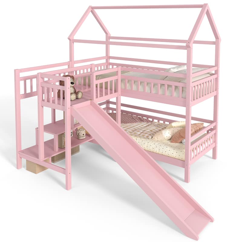 Full/Twin House-Shaped Bunk Bed with Slide & Storage Stairs, Playhouse Bed with Two Placement Methods