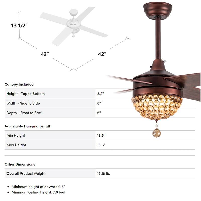 Belladepot 52" Modern Crystal Ceiling Fan with LED Light, Remote Control, Reversible