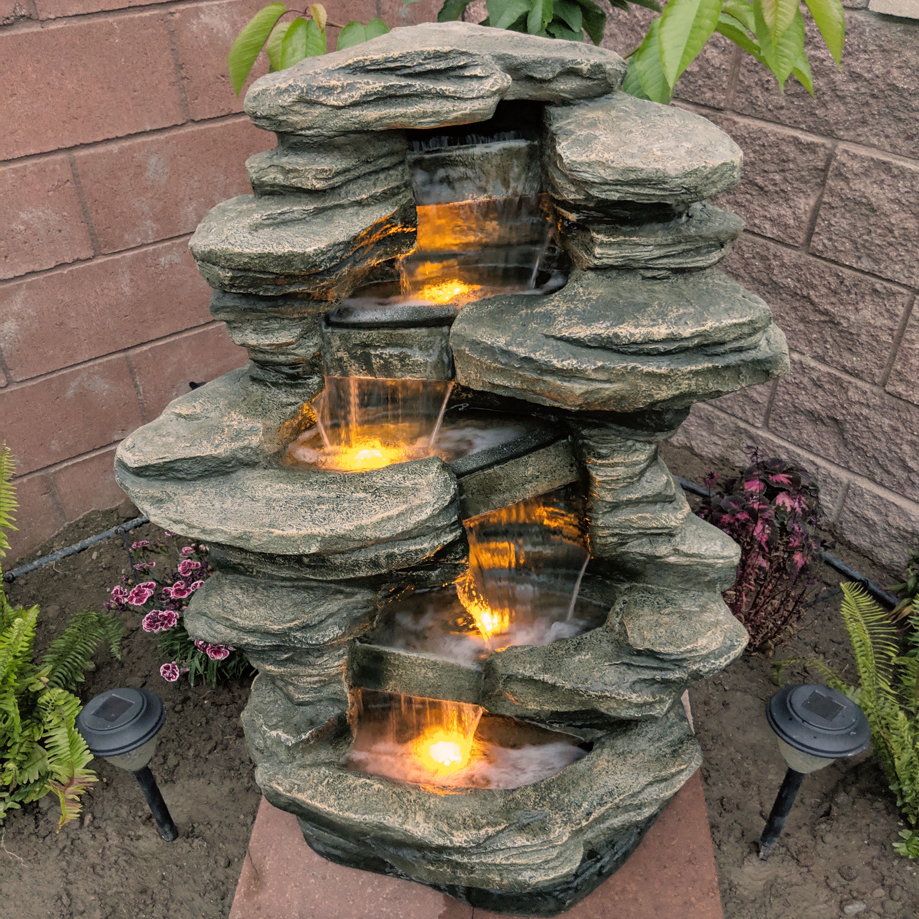 Shop Sunnydaze Stacked Shale Outdoor Water Fountain Backyard Feature W Leds 38 Overstock 11594640