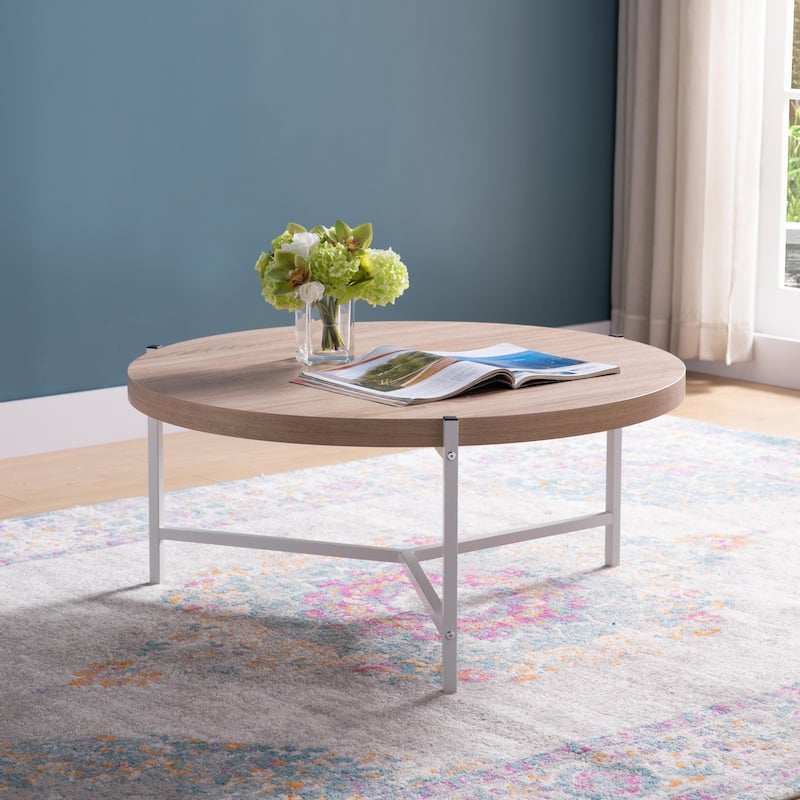 HomeRoots 37" Natural And White Metal Round Coffee Table - 36.5