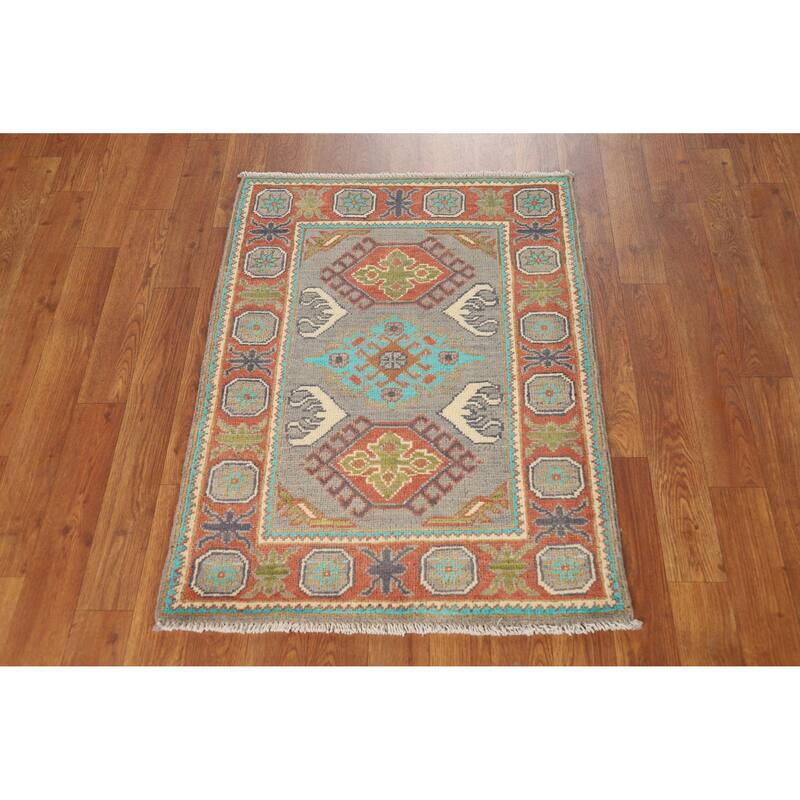 Gray Kazak Oriental Rug Hand-Knotted Traditional Wool Carpet - 2'0"x 3'0"