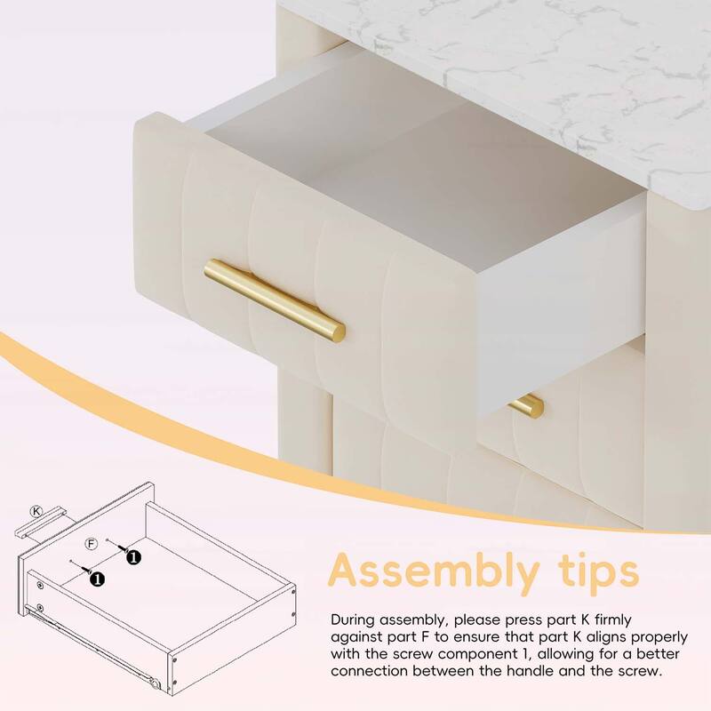 Stylish Design Upholstered Nightstand with 3 Drawers and Metal Legs & Handles