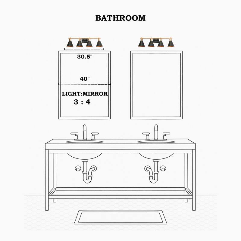Reuel Modern Black Gold Vanity Light Bathroom 4-Light Metal Wall Sconce for Powder Room - 30.5'' L x 7.5'' W x 8.5'' H