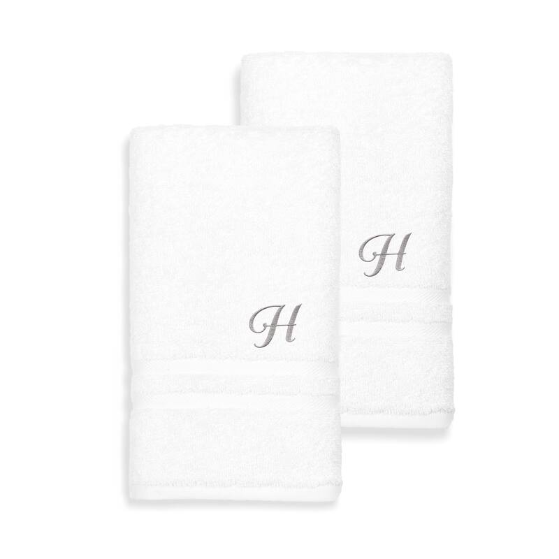 Authentic Hotel and Spa Omni Turkish Cotton Terry Set of 2 White Hand Towels with Grey Script Monogrammed Initial - H