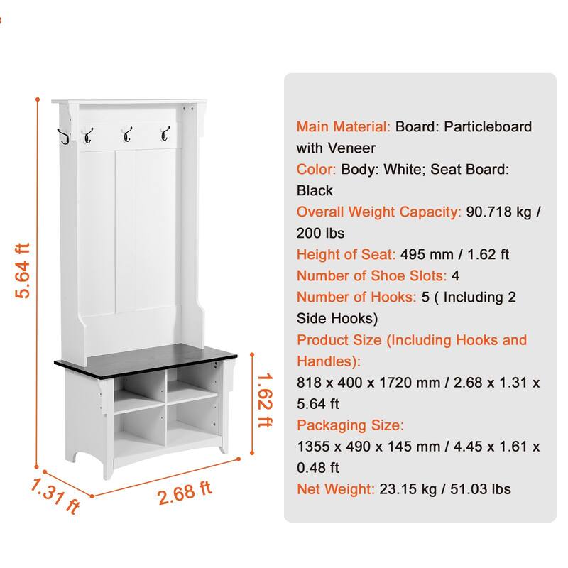 Hall Tree Entryway Bench with Shoe Storage and Coat Hooks 32 Inch Wide - 2.68 x 1.31 x 5.64 ft