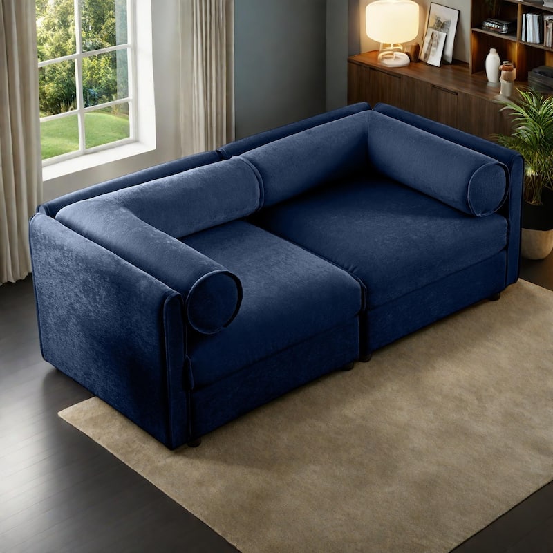 75.5" Chenille Upholstered 2-Seater Modular Sectional Sofa with Storage Seat, DIY Combination - Blue