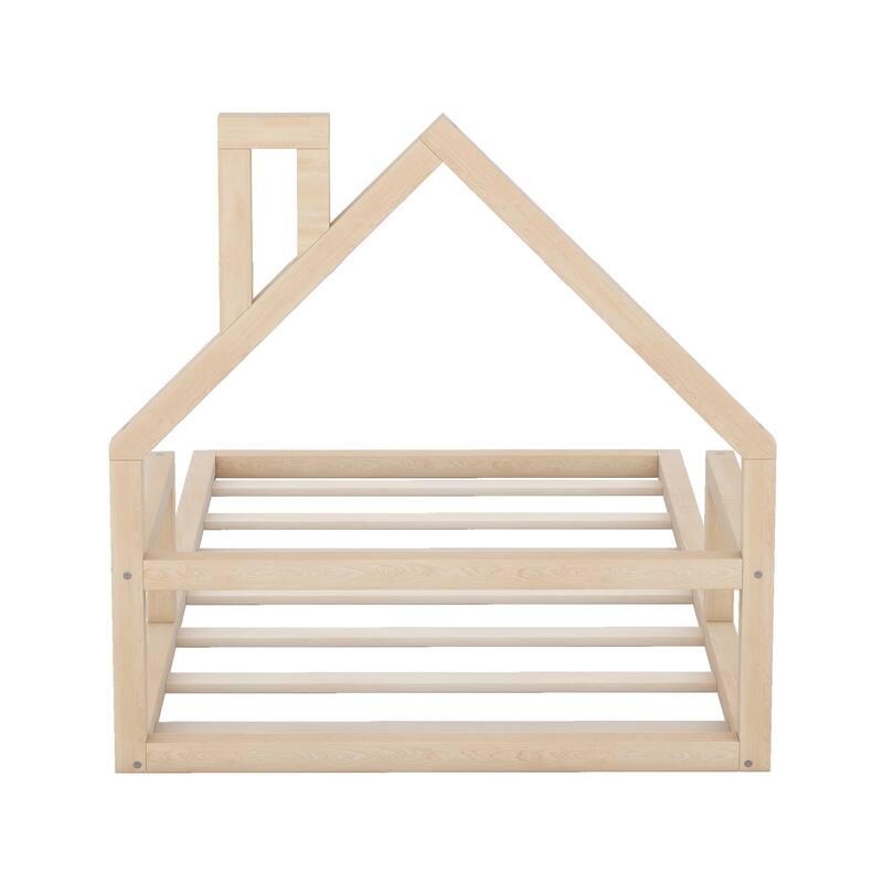 Roomfitters Twin Size Wood Floor Bed with House-Shaped Headboard and Low Profile Design