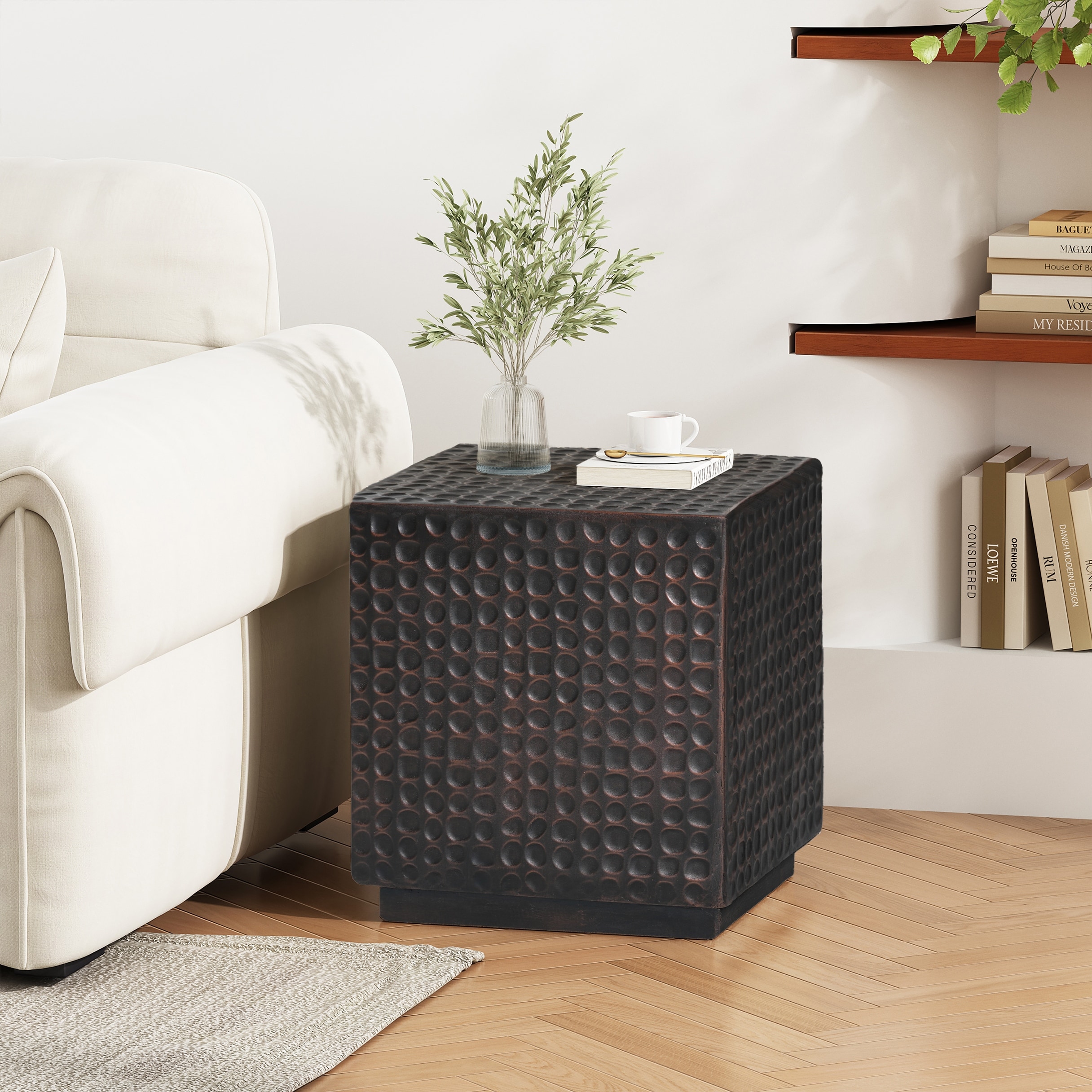 Roomfitters Cube Outdoor Side Table, Textured Antique Copper MgO Accent Table for Patio, Garden and Poolside, Copper