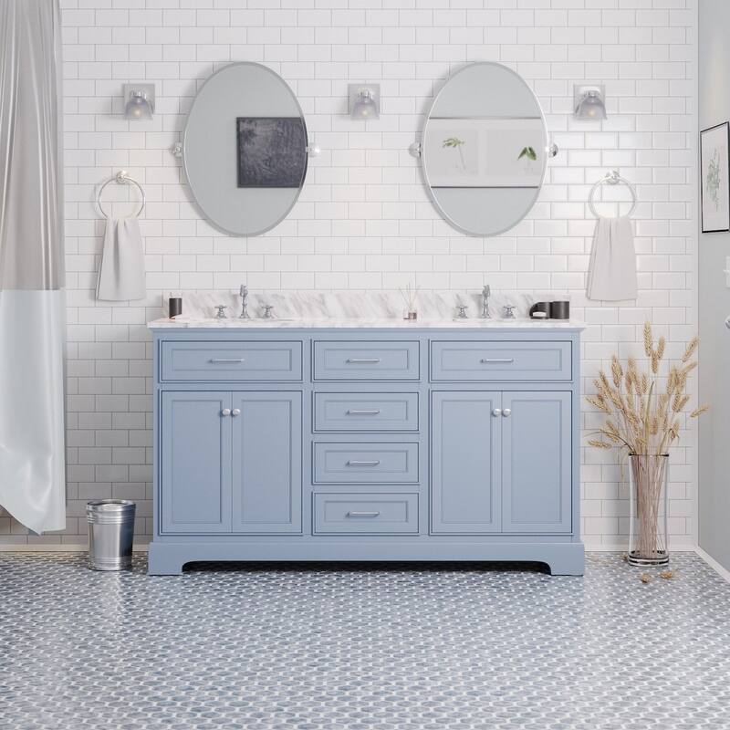 KitchenBathCollection Aria 60" Double Bathroom Vanity with Carrara Marble Top - Powder Blue