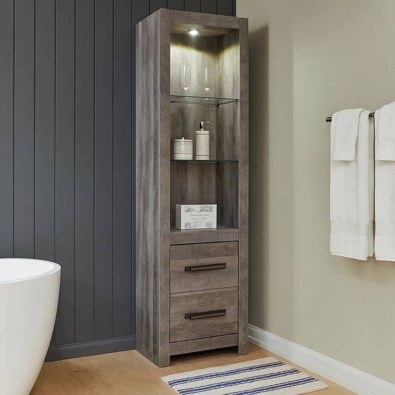 72 Inch Side Pier, 2 Glass Shelves, 2 Bottom Drawers, Rustic Gray Finish