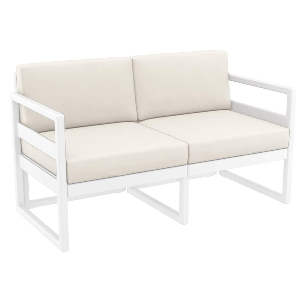 55" White Outdoor Patio Loveseat with Sunbrella Natural Beige Cushion