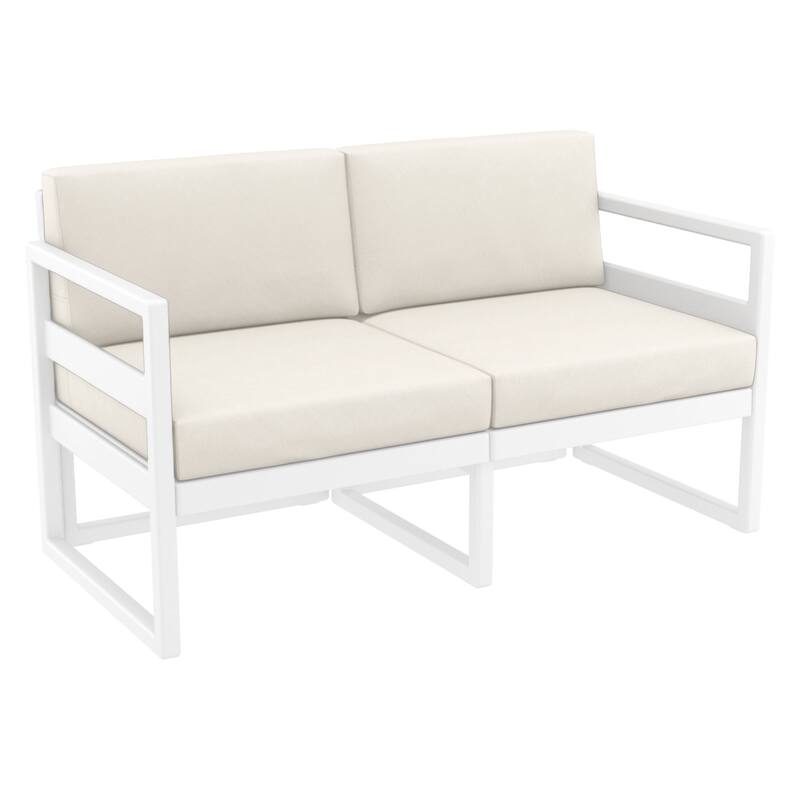 55" White Outdoor Patio Loveseat with Sunbrella Natural Beige Cushion