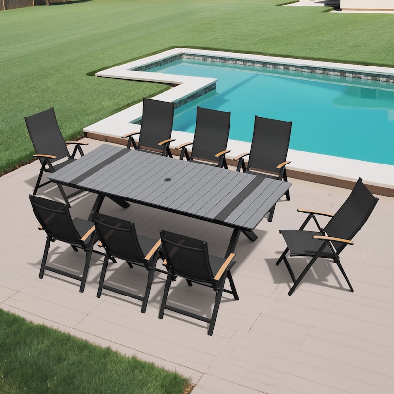 9-Piece Set Outdoor Aluminum Dining Table with Umbrella Hole and Foldable Dining Chairs