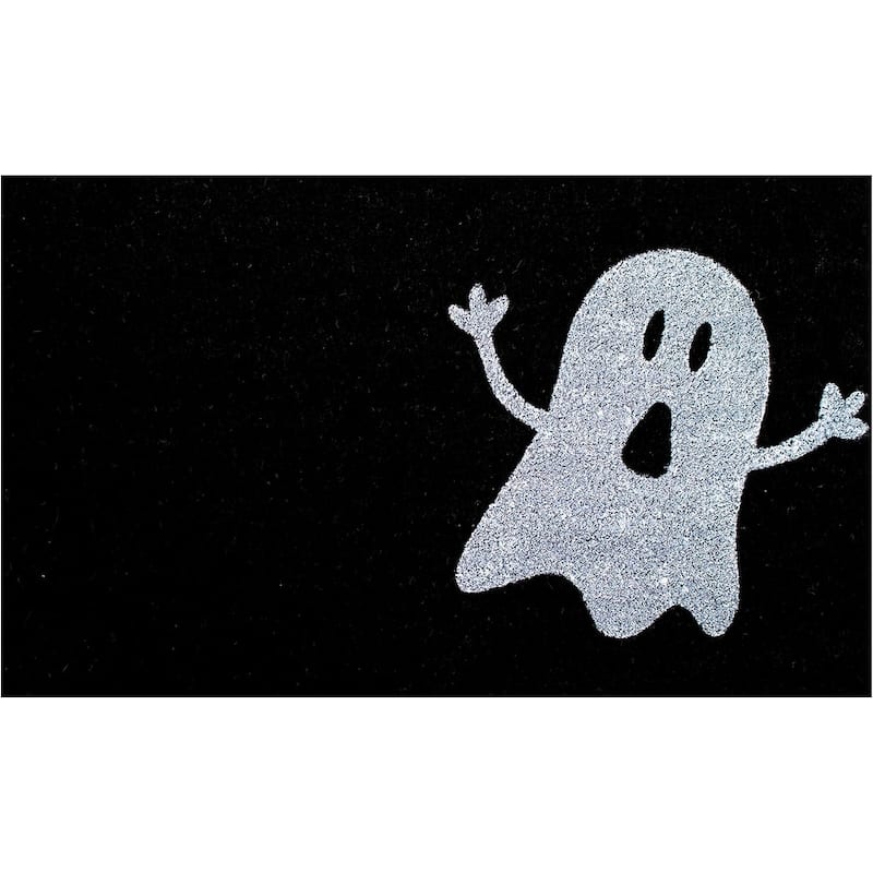 HomeRoots 17" X 29" White And Black Ghost Coir Outdoor Halloween Door Mat - 17' X '29