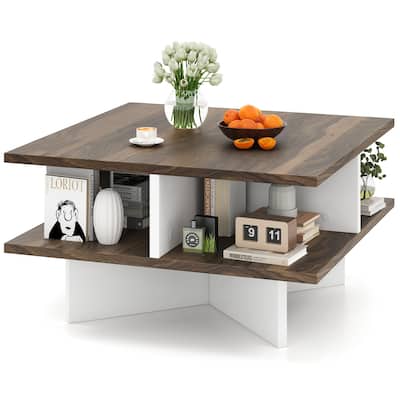 Gymax 2-Tier Square Coffee Table w/ Storage Farmhouse Modern Accent