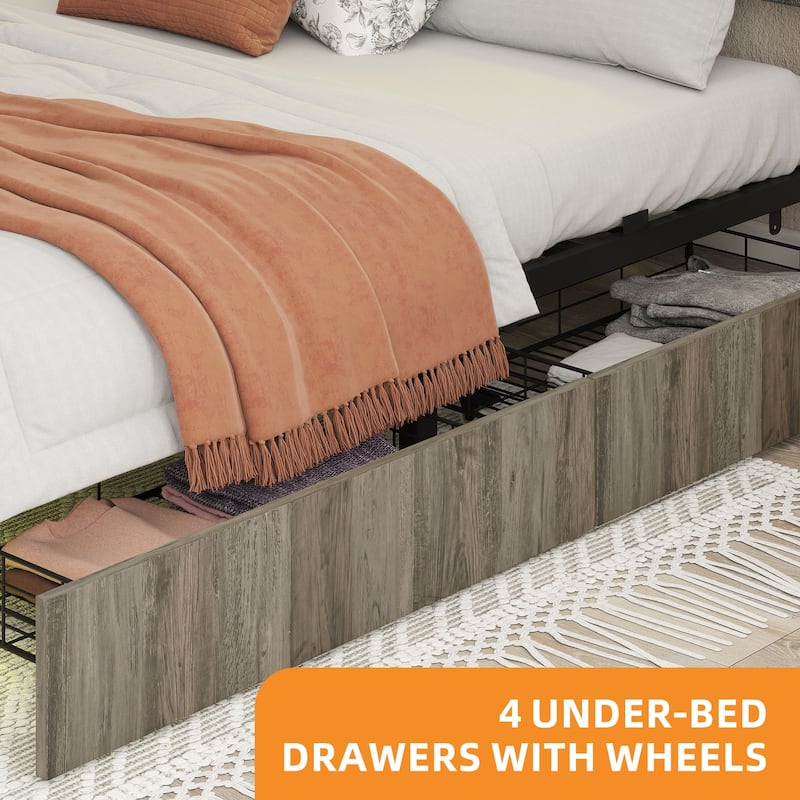 Upholstered Platform Bed with Charging Station and Storage Headboard