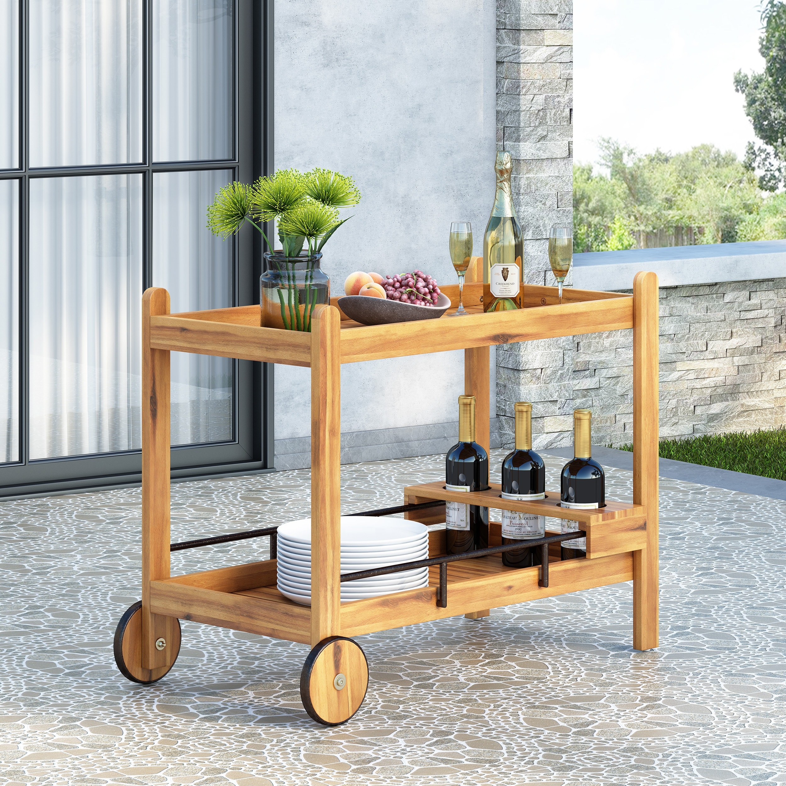 Acacia Wood Bar Cart with Slat Paneling, Wine Bottle Storage and