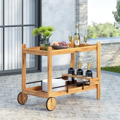 Bavier Outdoor Acacia Wood 2 Tiered Bar Cart with Bottle Holders by Christopher Knight Home