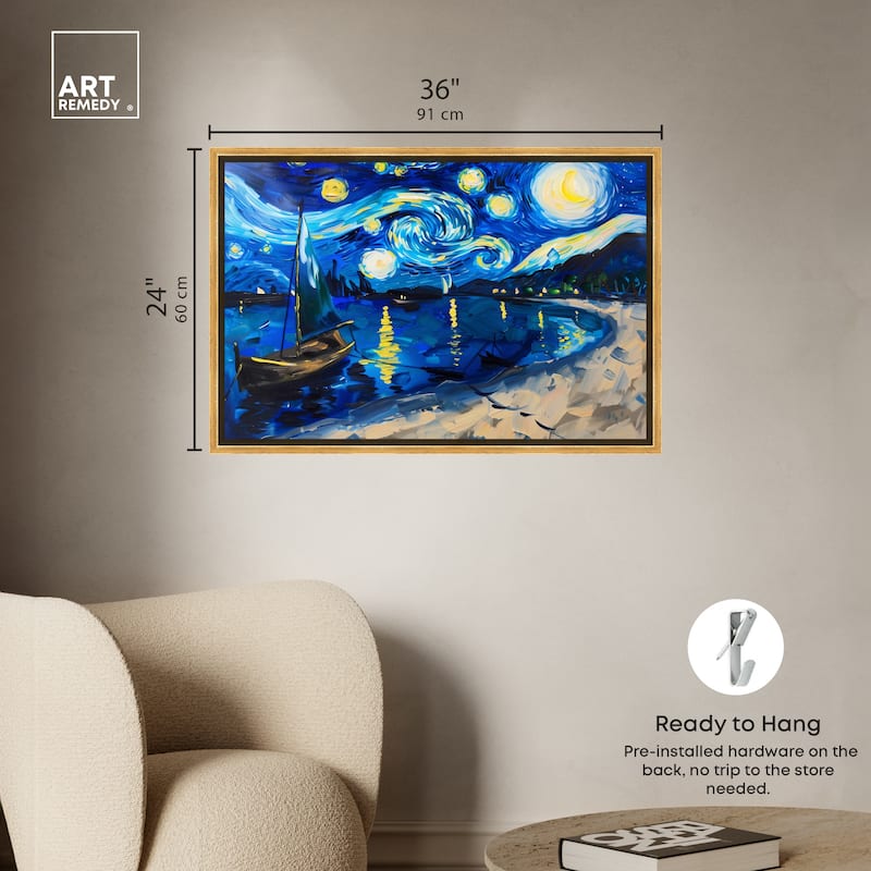 Art Remedy Whimsical Night Sail Framed Impressionism 1 Piece Canvas Wall Art /Monet And Van Gogh Inspired Art