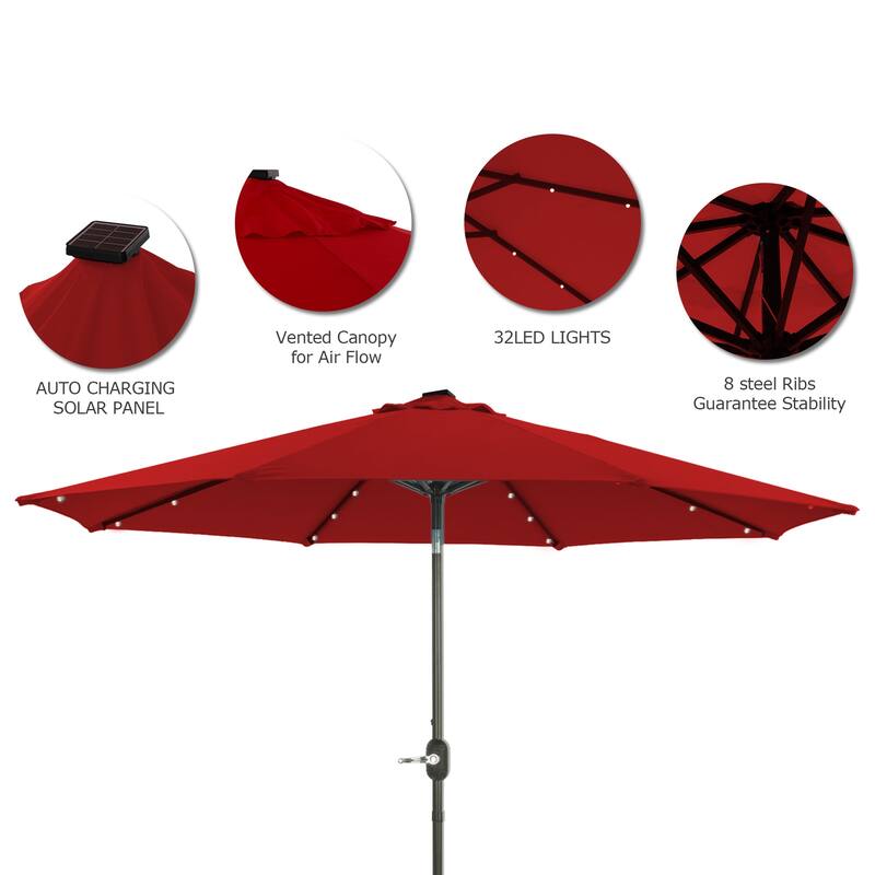 9Ft Patio Market Umbrella with 32 LED Round Solar