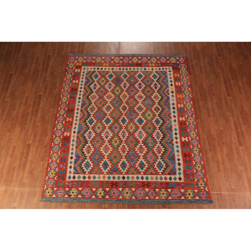 Reversible Kilim Oriental Area Rug Hand-Woven Orange Wool Carpet - 8'2" x 9'9"