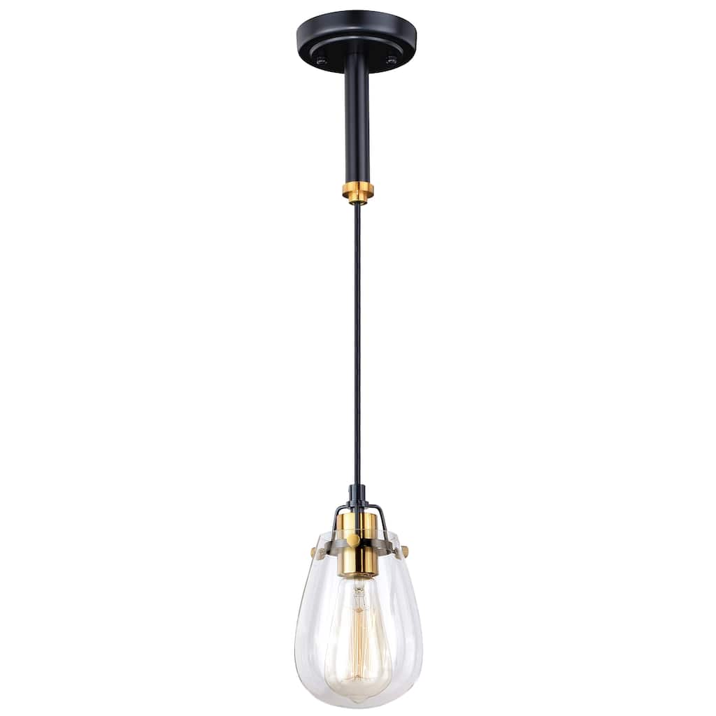 Kassidy Black and Brass Industrial Teardrop Mini Pendant Ceiling Light Clear Glass - 5-in W x 16-in H x 5-in D