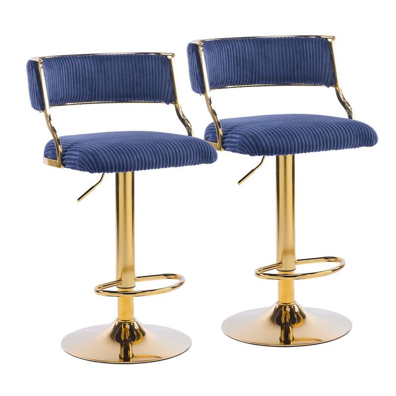 Corduroy Upholstered Adjustable Bar Stool with Gold Tone Base - Blue