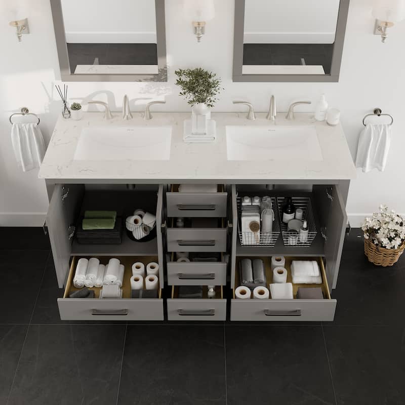 Eviva Aberdeen 60"W DS Bath Vanity with Carrara Quartz Top