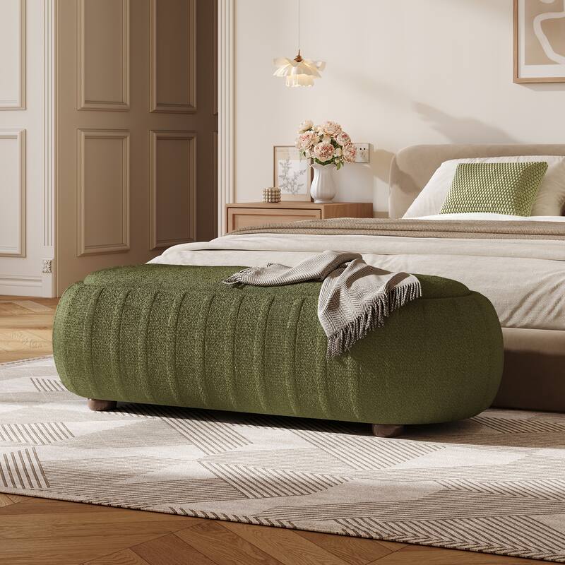 Christopher Knight Home - Curve Modern Upholstered Wooden Ottoman with Oval Design - Olive Green