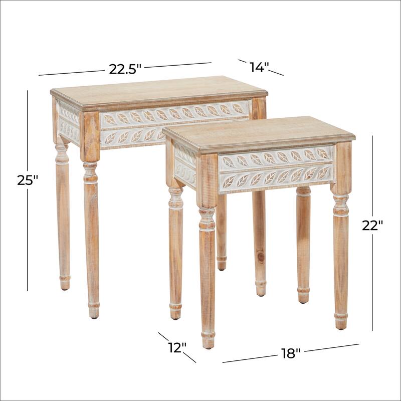 Wooden Leaf Intricately Carved Accent Table - Set of 2 Brown - Roche River Decor - 14"W x 22"L x 25"H