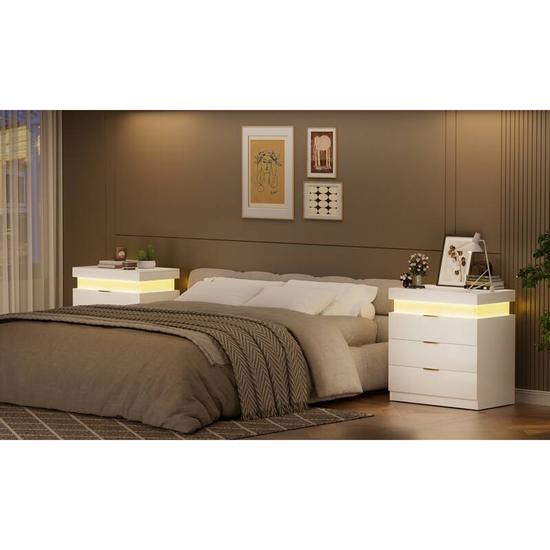 LED Lights Nightstand with Charging Station, Smart Wooden Nightstand, Storage Cabinet with Sliding Top & 3 Drawers