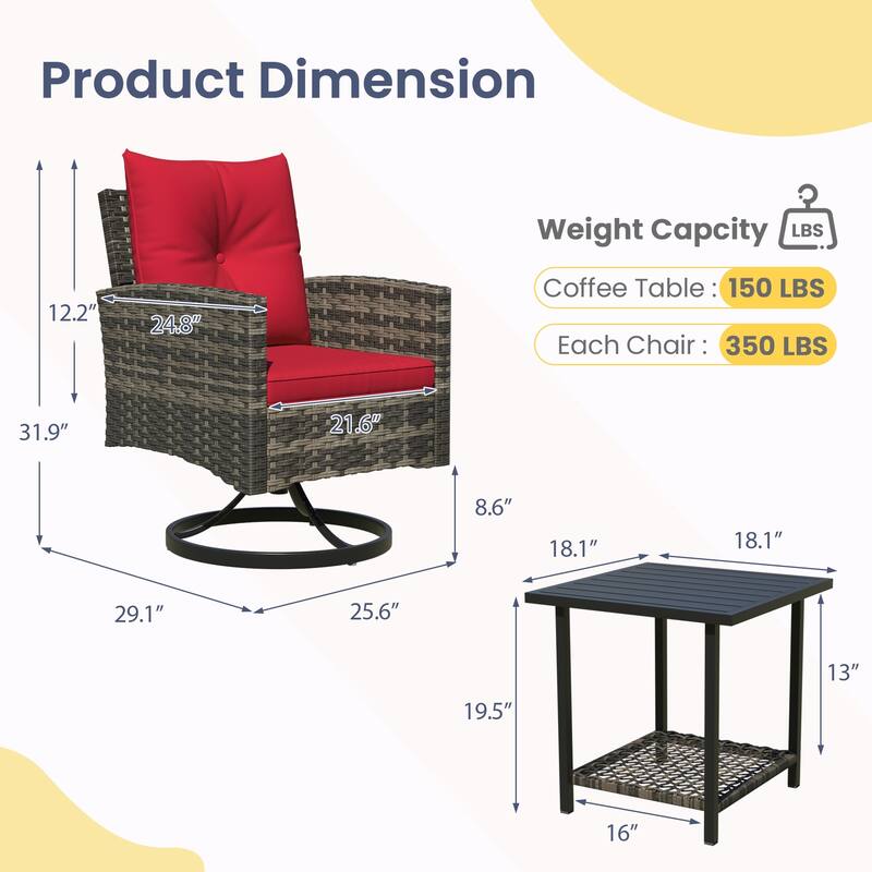 Outdoor Swivel Rocker Patio Chairs Set of 2 with Coffee Table &Cushions, Rattan Bistro Set for Porch, Backyard, Balcony