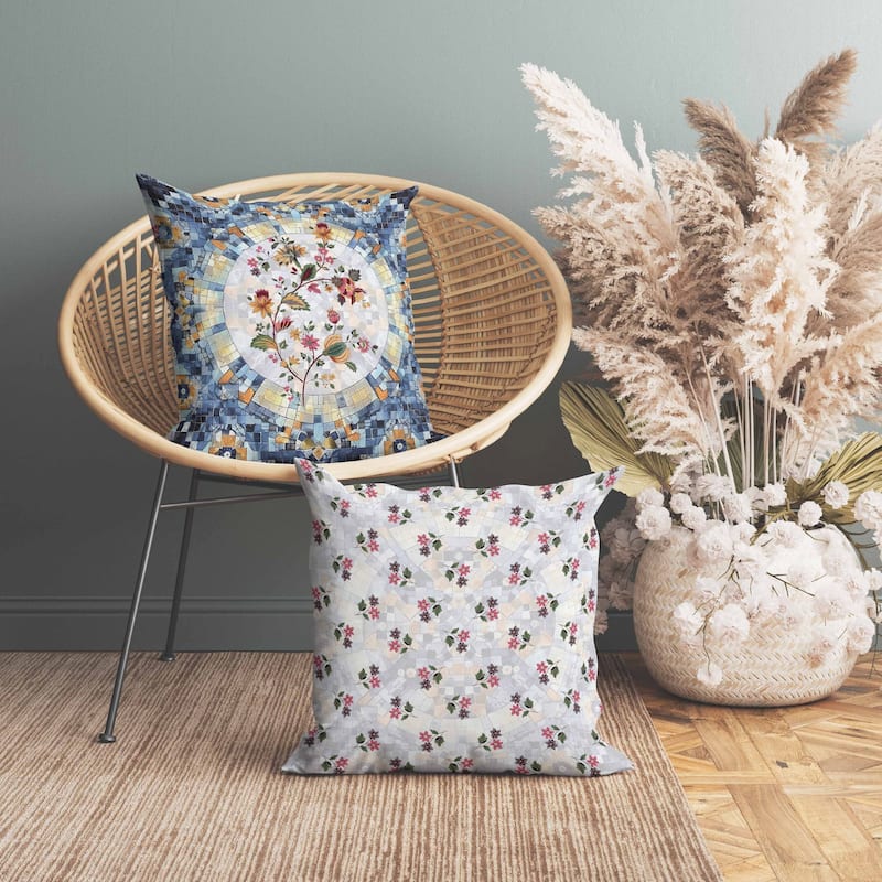 Botanical Mosaic Indoor/Outdoor Reversible Throw Pillow Blue and Orange