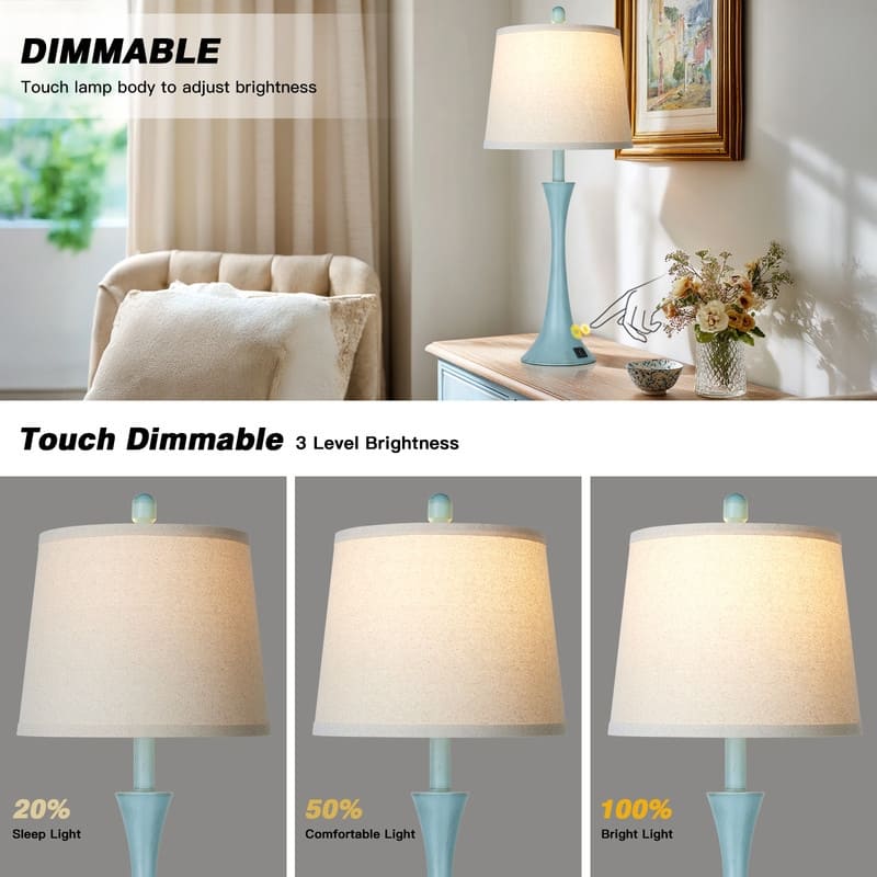 Set of 2 Modern 26-Inch Table Lamps with Dual USB Charging Ports and Oatmeal Fabric Shades - 12'' x 12'' x 27.5''