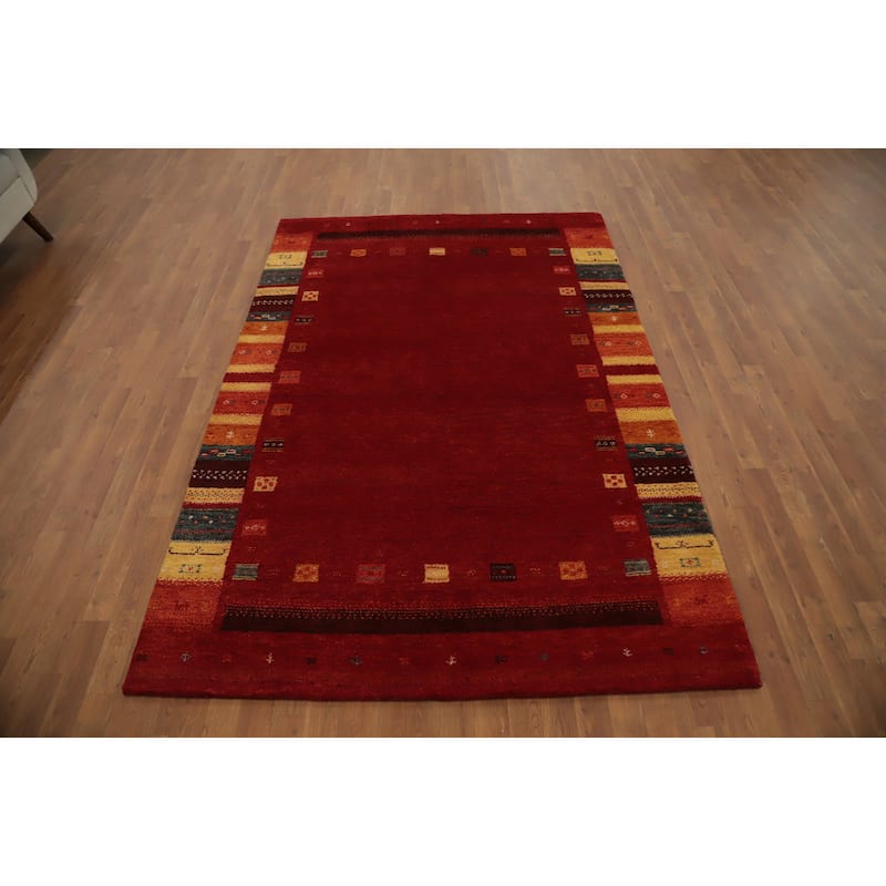 Hand Knotted Oriental 100% Wool Carpet Tribal Geometric Red Gabbeh Area Rug - 7' 10'' X 5' 5''