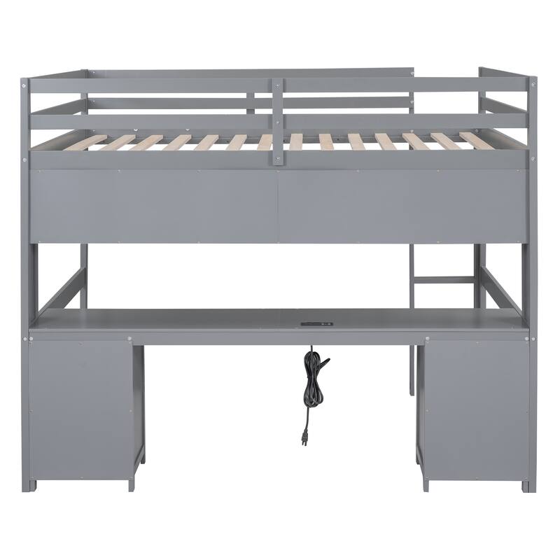 Full Size Loft Bed with Desk, Storage Cabinets, Drawers, Charging Station, Gray