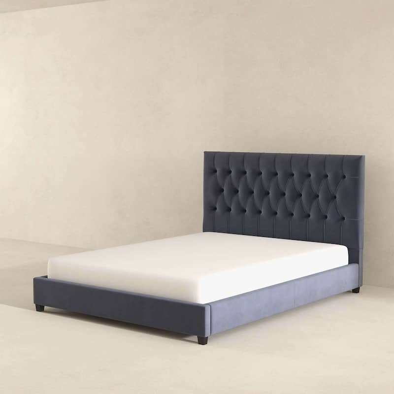 King Size Mid-Century Modern Grey Velvet Platform Bed with Elongated Tufted Headboard and Solid Wood Frame