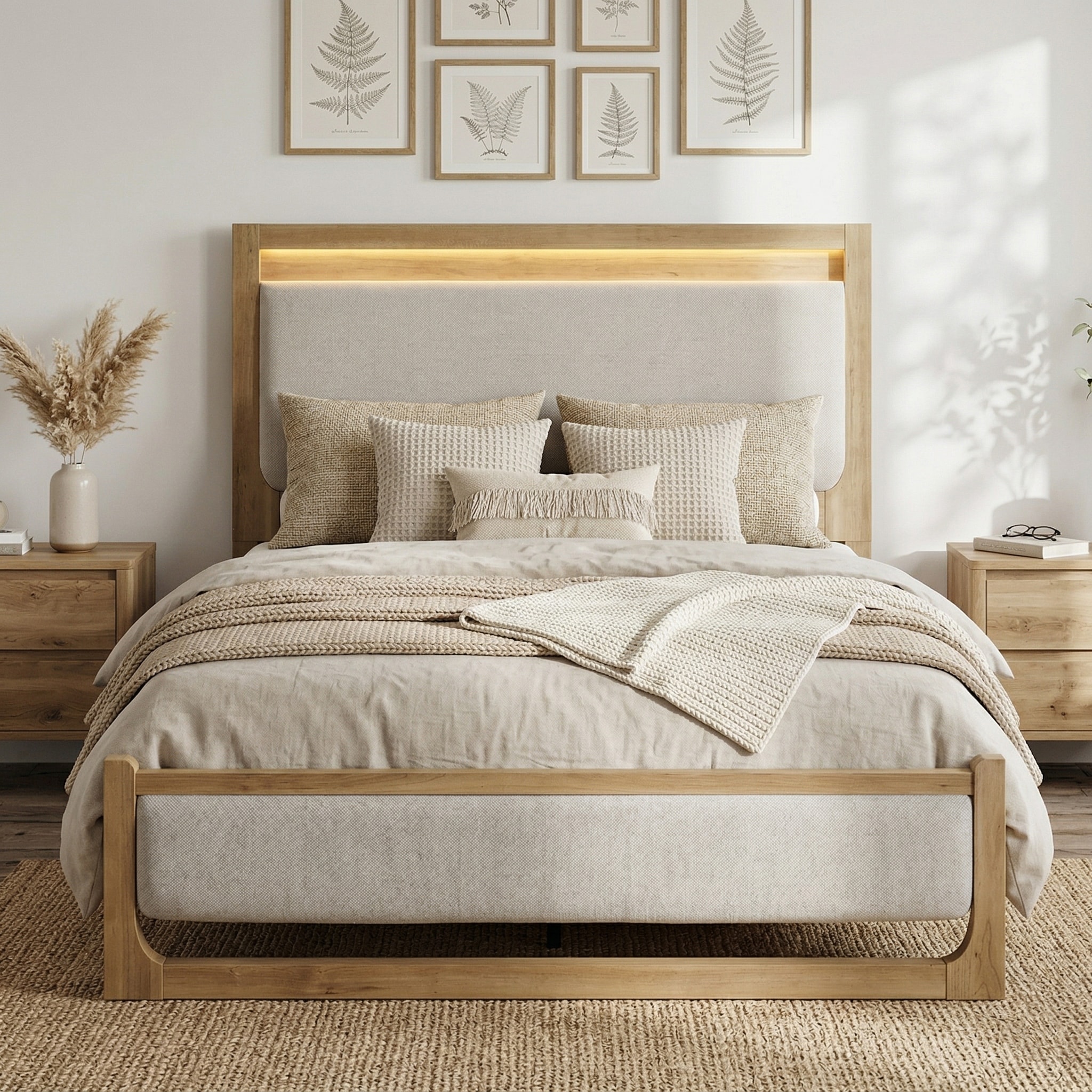 Furniture of America Aluvo Modern Natural Solid Wood Upholstered Panel Bed with LED Headboard Lights