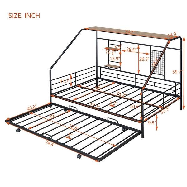 dimension image slide 0 of 2, Metal Full Size House Bed with Trundle and Built-in Shelf