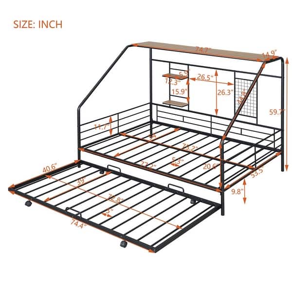 dimension image slide 3 of 4, Metal House Bed with Trundle, Twin/Full Size Daybed Playhouse Bed with Bulit-in Storage Shelves and Metal Grid for Kids Teens