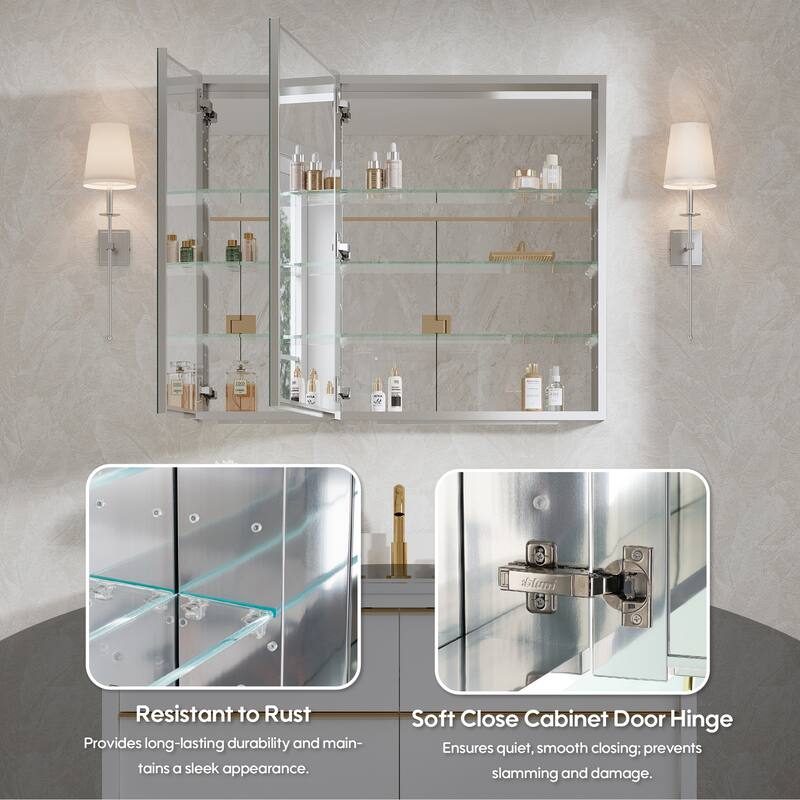 36"W X 30'H Recessed or Surface Wall Mount Bathroom Medicine Cabinet With Adjustable Glass Shelves