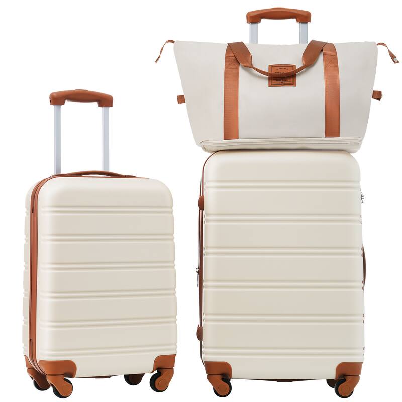 3-Piece Luggage Set, 20" + 24"/20''+28'' Carry-On Luggage with Travel Bag Set, Hardshell Suitcase Set with TSA Lock - Brown+White - 20''+24''