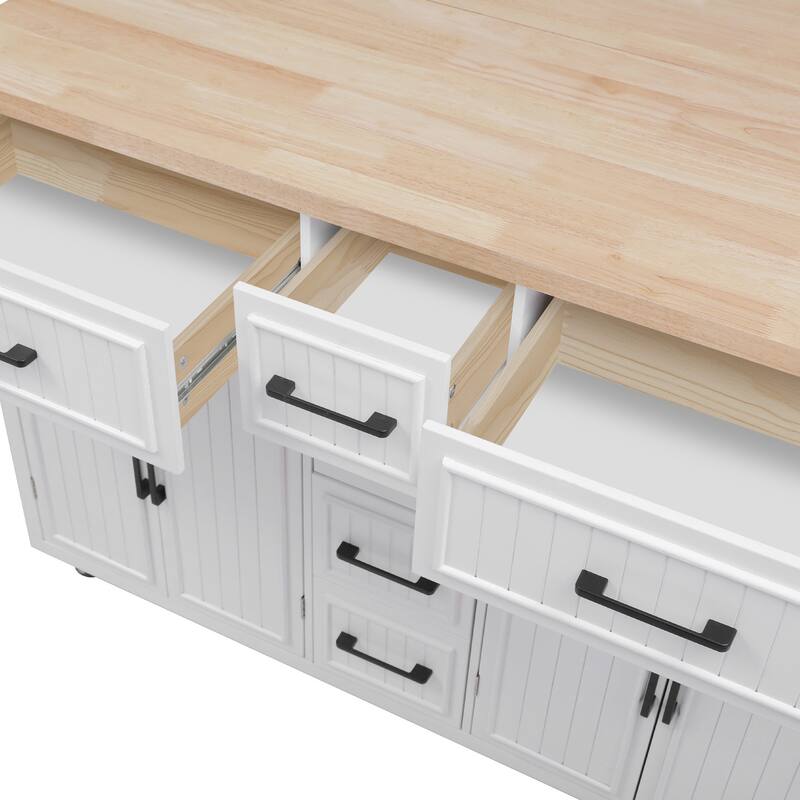 56.5'' Rubber Wood Kitchen Island with Drop Leaf, Power Outlet, Rolling Wheels, 5 Deep Drawers and Adjustable Shelves