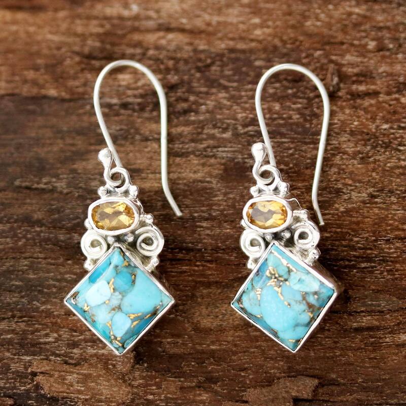 NOVICA Sky Fragments, Citrine and composite turquoise dangle earrings - 1.5*0.6