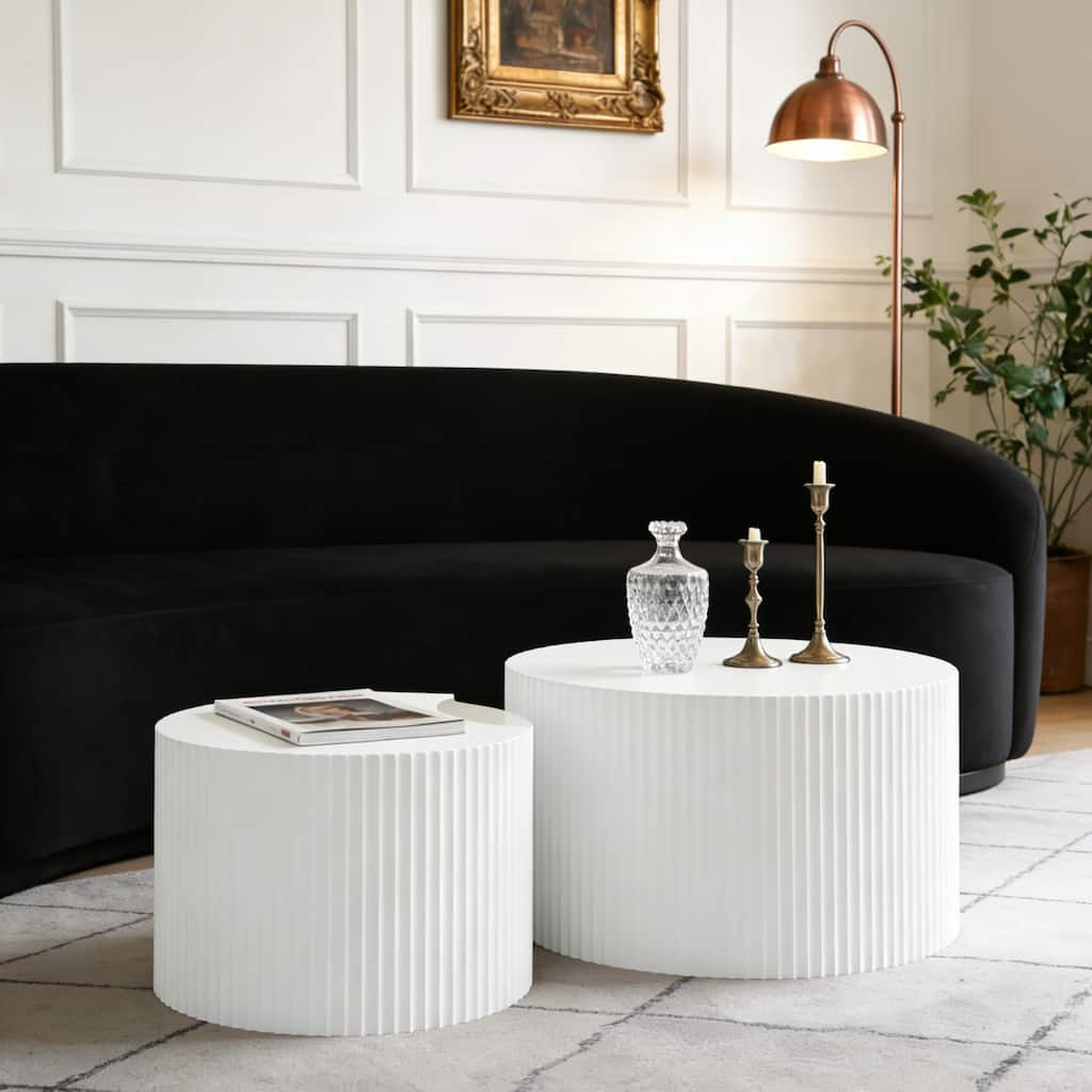 Modern Glam Relief Carving Round Accent Nesting Side Fluted Coffee Tables Set (2 Pack) No Assembled