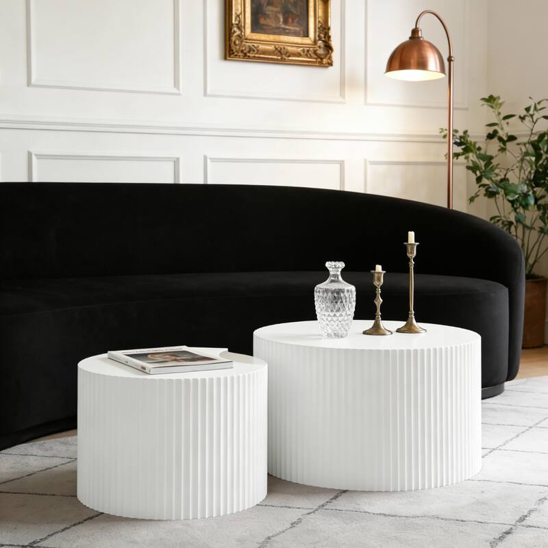 Modern Glam Relief Carving Round Accent Nesting Side Fluted Coffee Tables Set (2 Pack) No Assembled