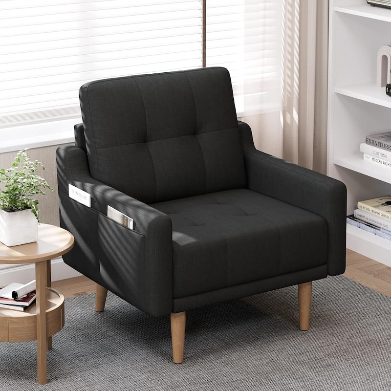 Mid Century Modern Accent Chair,Upholstered Armchair,Comfy Reading Chair with Wood Legs,Fabric Single Sofa Chair - Black